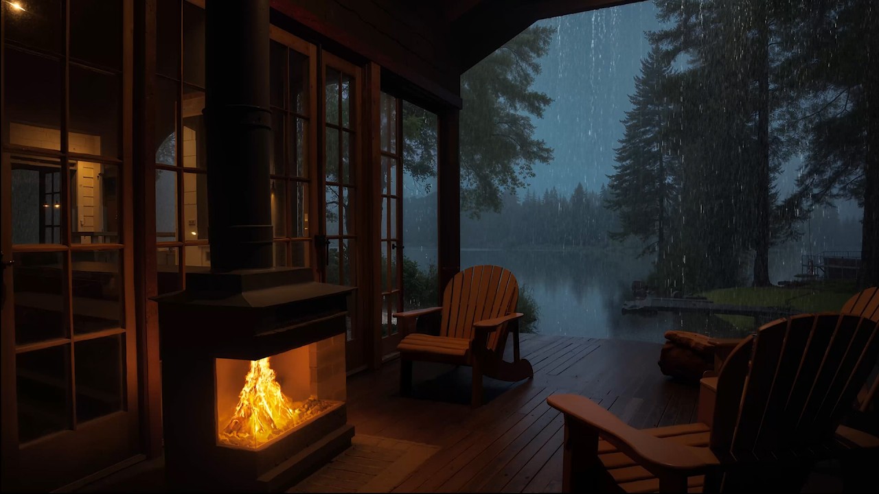 Cozy Cabin with Fireplace on a Rainy Night | Natural Rain Sounds for Sleep & Stress Relief