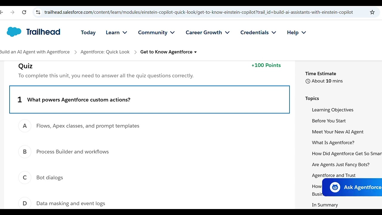 Get to know Agentforce Trailhead || Quick quiz Solutions