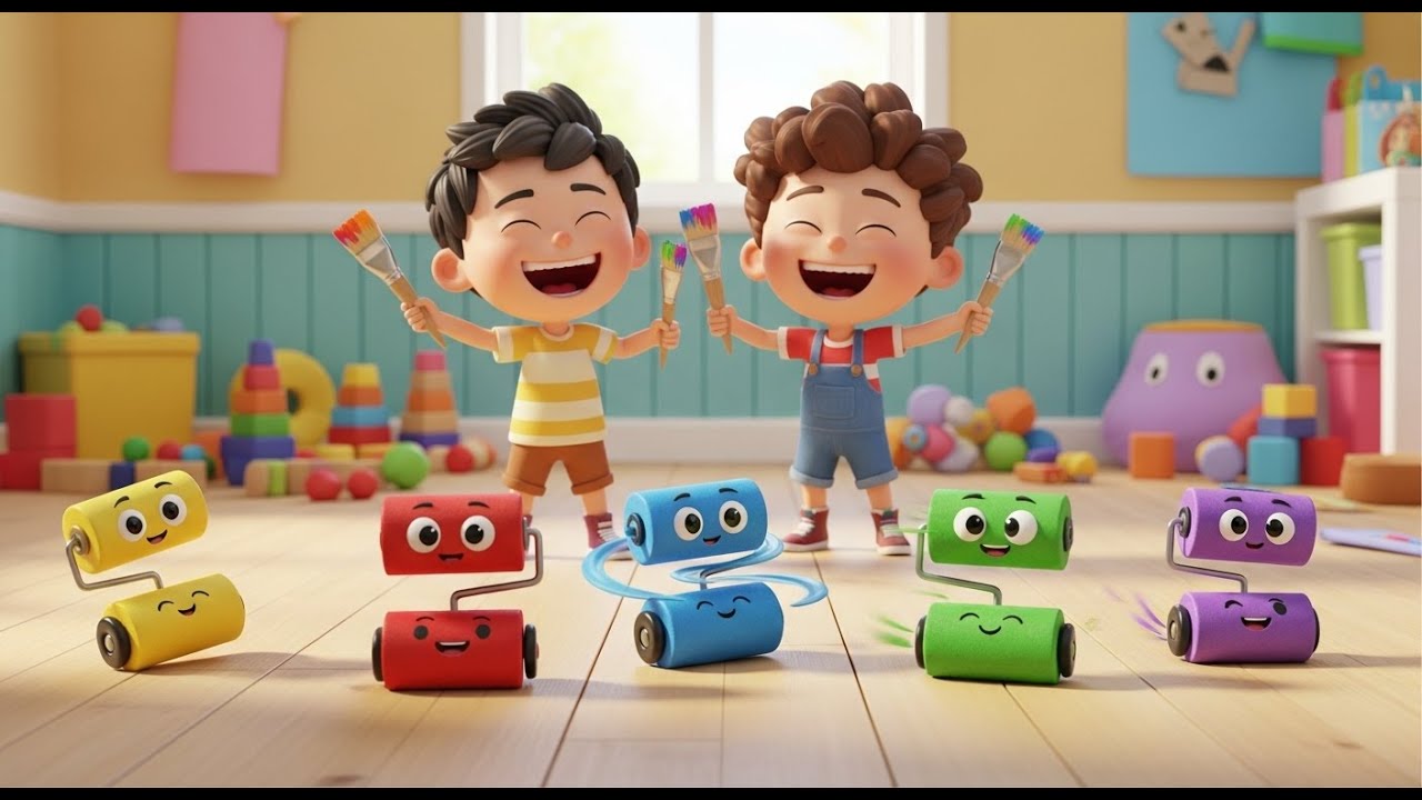 Five Little Toy Paint Rollers Roll Roll Roll | Colors & Creative Play Kids Song