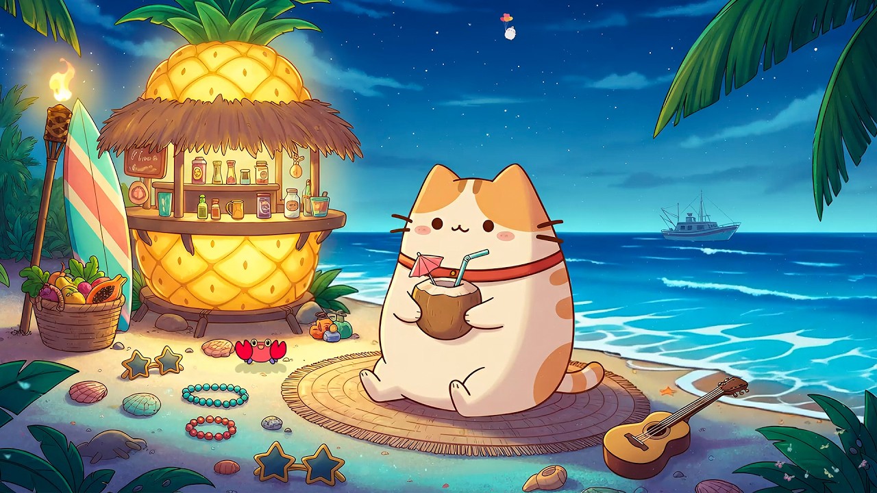 Pusheen Inspired Tropical Beach Lofi 🍍🌙 Cozy Summer Night Ambience for Study, Relax & Sleep