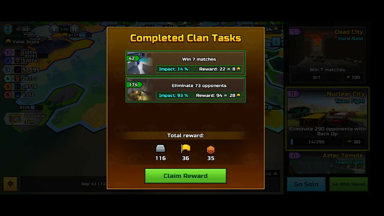 Completed Clan Tasks - Eliminate 73 Opponents ! - 93% Impact ! - Pixel Gun 3D - PG3C