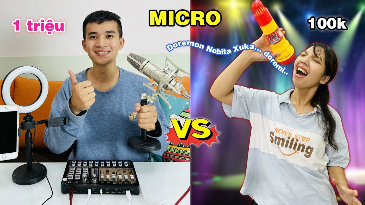 Micro Không Dây 100k Vs Bộ Micro Thu Âm 1 Triệu Đại Chiến Đoremon Nobita Xuka - Đồ chơi giàu nghèo!!