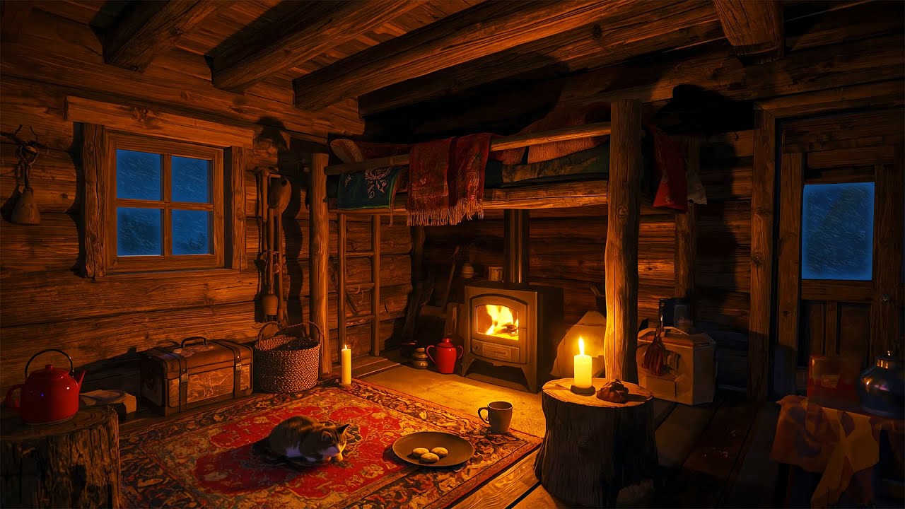 Sleep Better in Rustic Cabin - Fireplace Crackling, Blizzard Sounds and Peaceful Winter Ambience