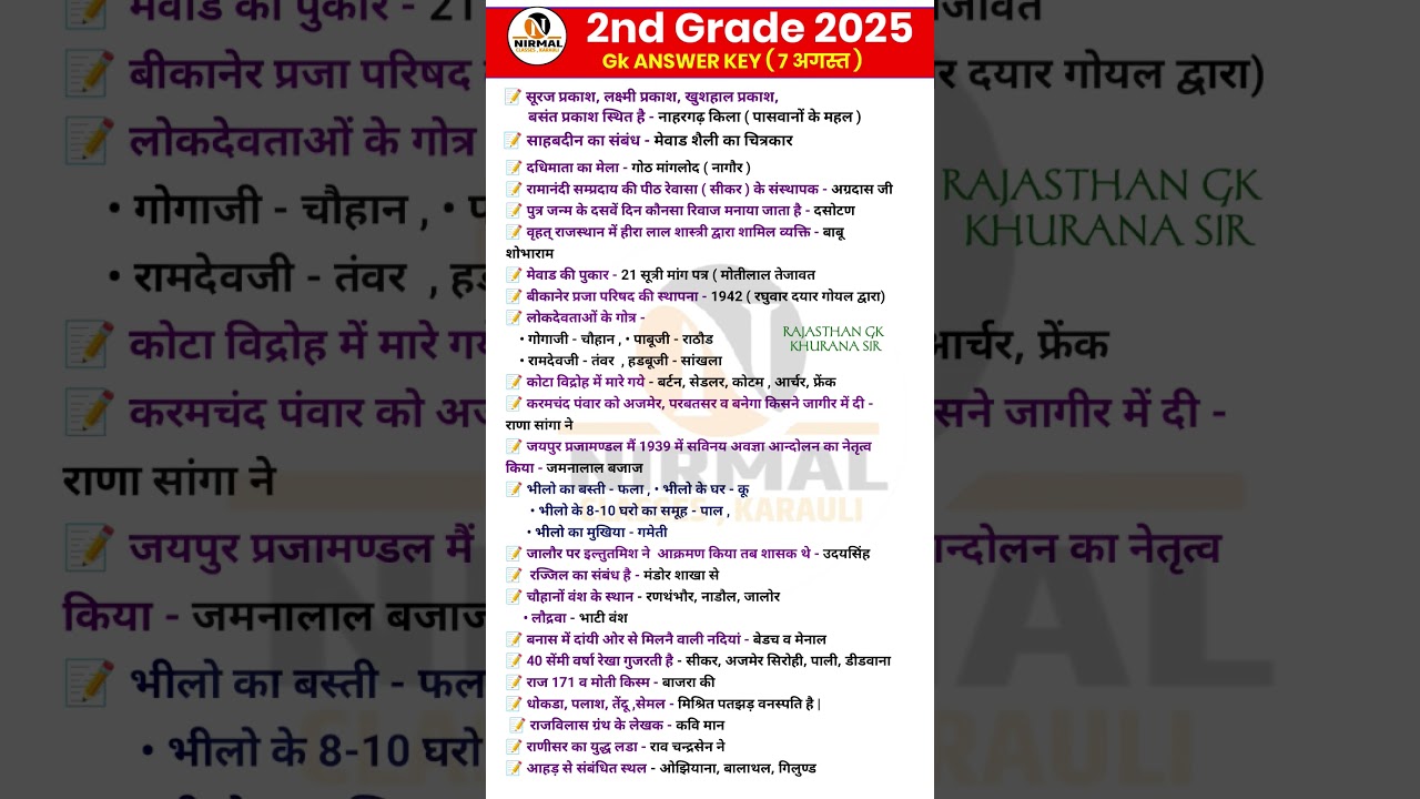 2nd grade answer key | gk second grade 2025 | answers key of 2nd grade | #rajasthangk #shorts #gk