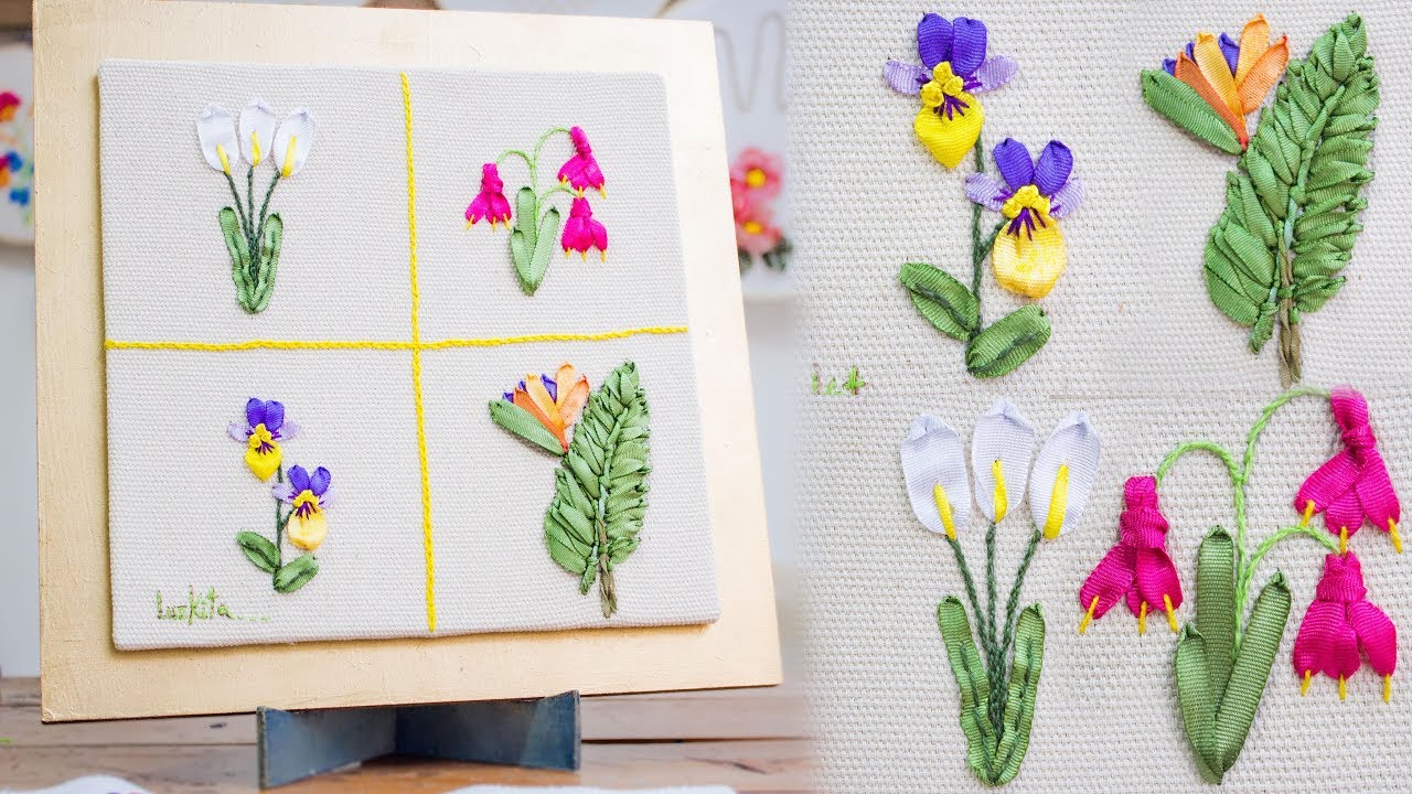 4 ramos de flores con bordado en cintas o listón: Calas/Ave del Paraíso/Pensamientos/Campanitas