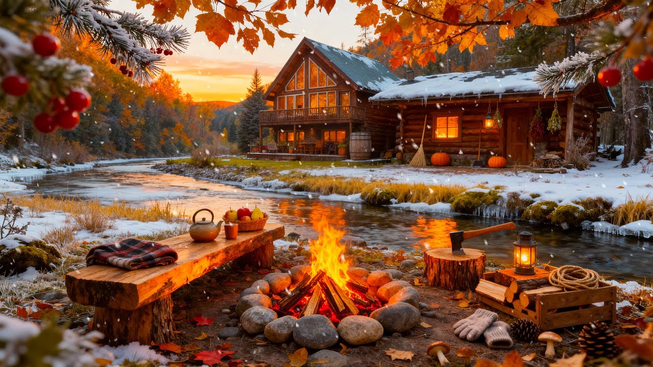🌲Winter Cabin Retreat by the River ❄️🔥 Cozy Campfire, Falling Snow & Calm Nature Ambience for Study
