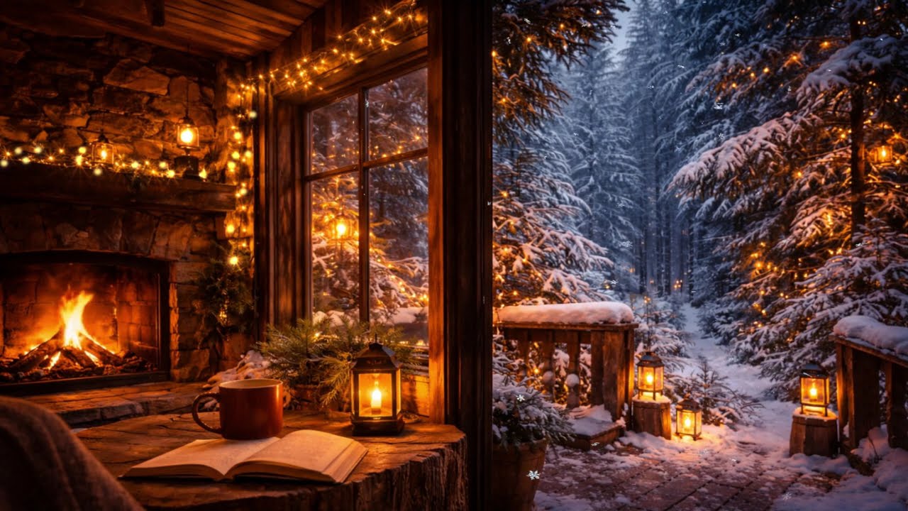 Peaceful evening: Snowfall & Crackling Fireplace Ambiance for Deep Sleep 😴 Cozy Up in Warmth