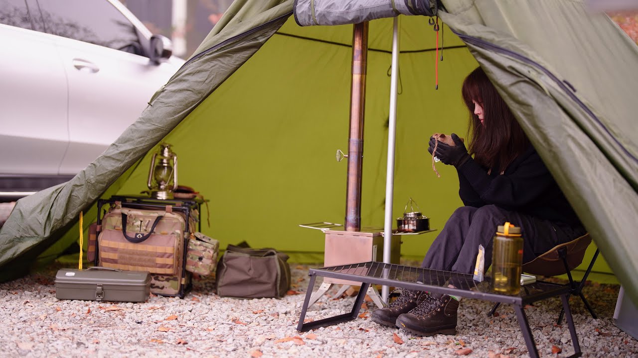 화목난로 연통에 텐트가 녹았어요😭🏕️, 차 안에 텐트를? 첫 차박용 이너텐트 사용기, 솔로캠핑, 차박, 캠핑 asmr