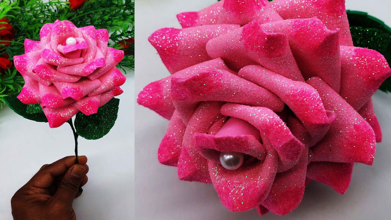 Rose Flower Making With Foam Paper Easy And Beautiful | Rose Flower Crafts With Paper | Gift Ideas