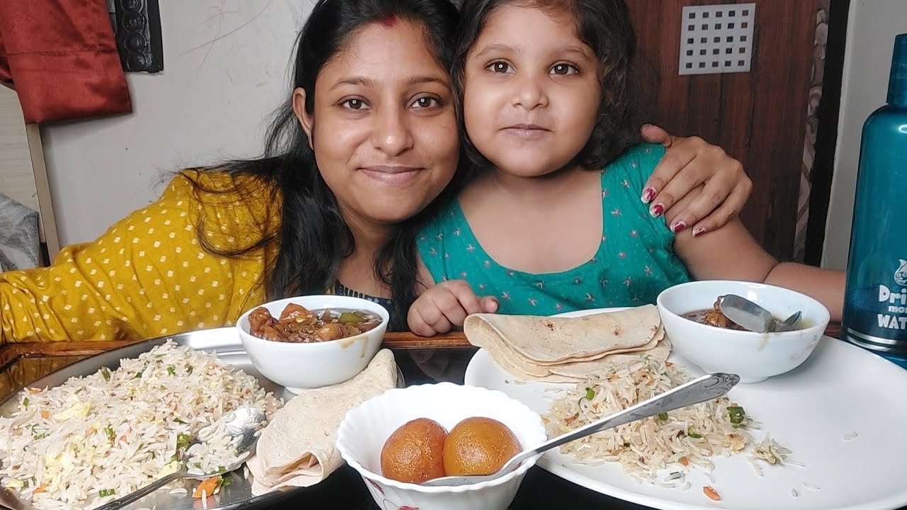 Eating Show- Chilli Chicken with Egg fried rice & roti, gulab jamun | eating show with my daughter