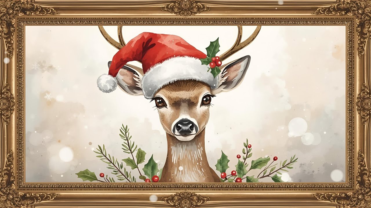 Elegant Christmas TV Wall Art | Holiday Reindeer | Home Decor  Screensaver | Gold Vintage Frame