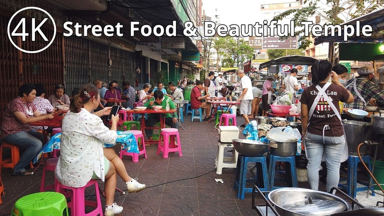 [4K] Walk around Thai Food Street & Wat Traimit Golden Buddha Temple in Bangkok, Thailand