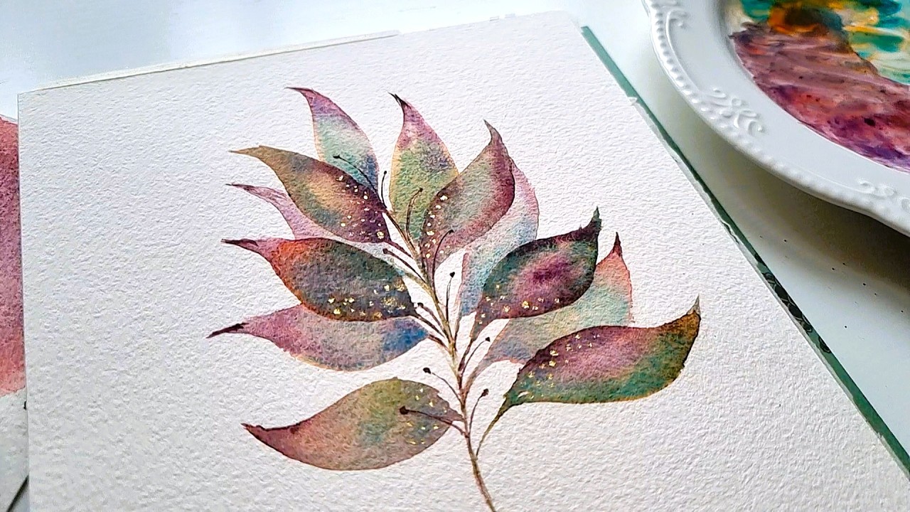 How to Paint Transparent leaf branch using granulation Watercolor