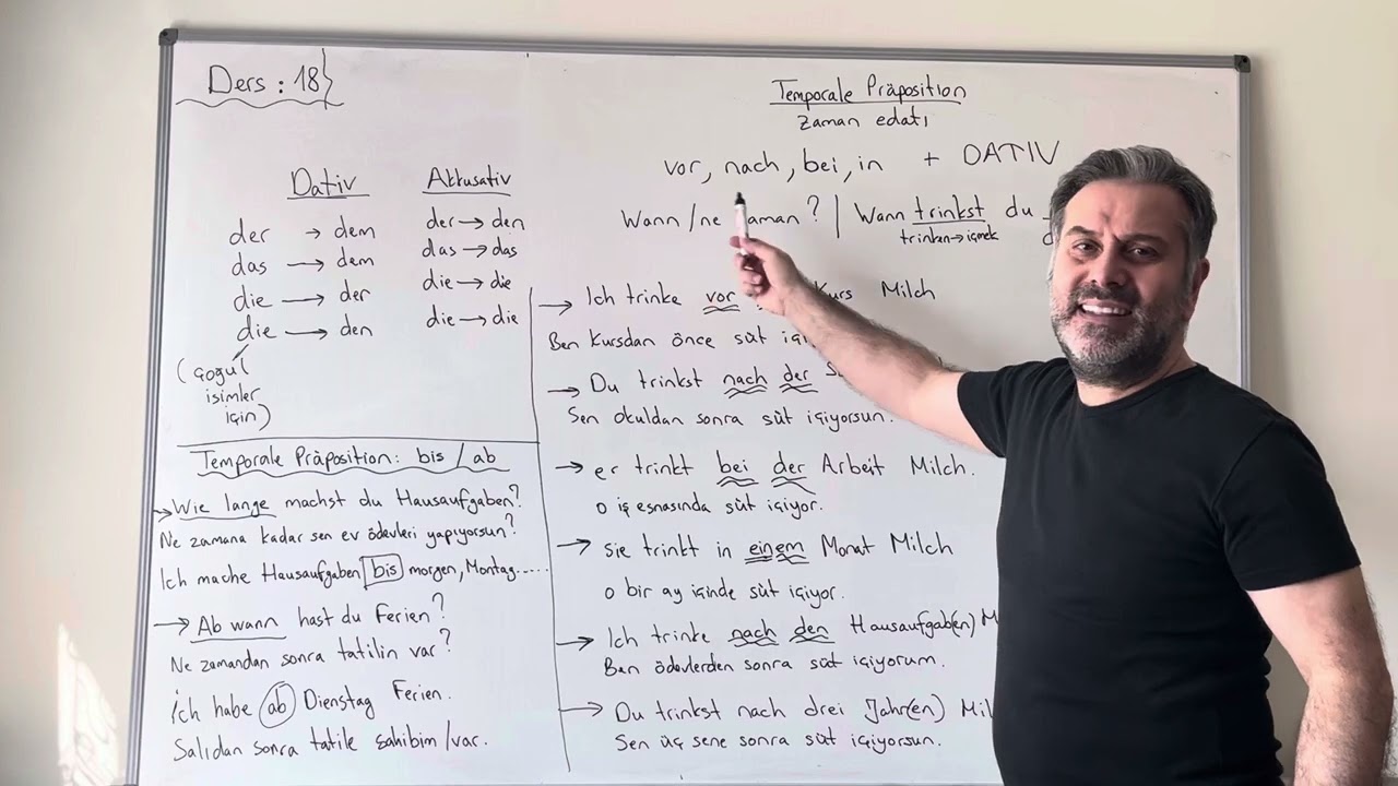 Almanca A1.2  Ders 18  Temporale Praeposition / Zaman Edatı / vor, nach , bei , in + DATIV . bis,ab
