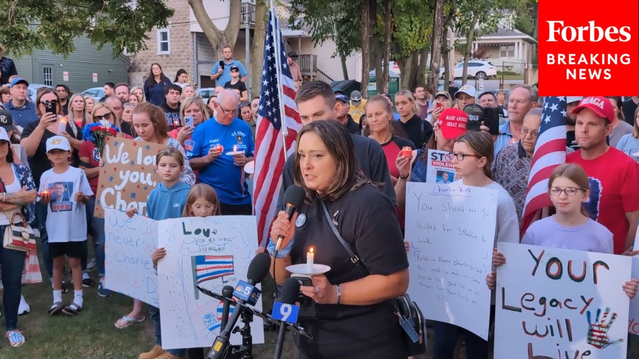 Vigil Held For Charlie Kirk Outside Turning Point USA Legacy Center In Lemont, Illinois