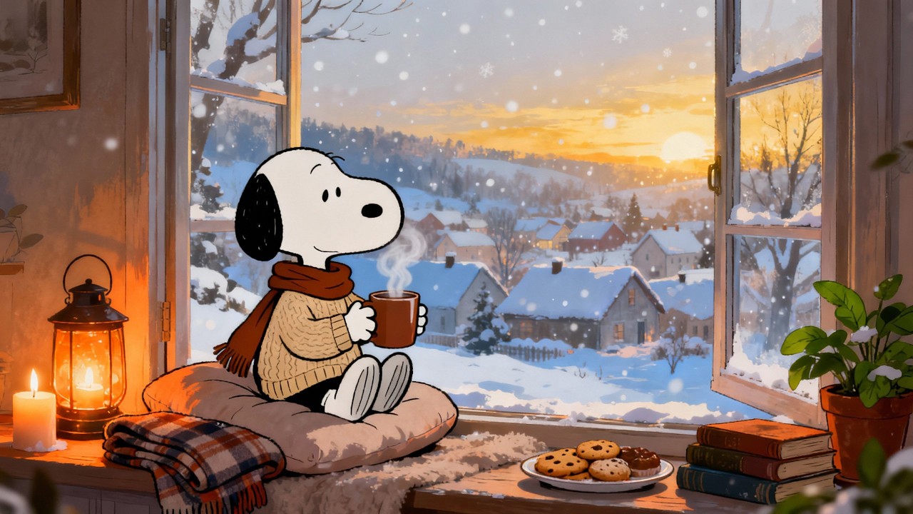 ❄️ Snoopy Winter Sunset Window ☕ Cozy Lo-Fi Beats, Falling Snow & Warm Evening Glow | Relax & Study