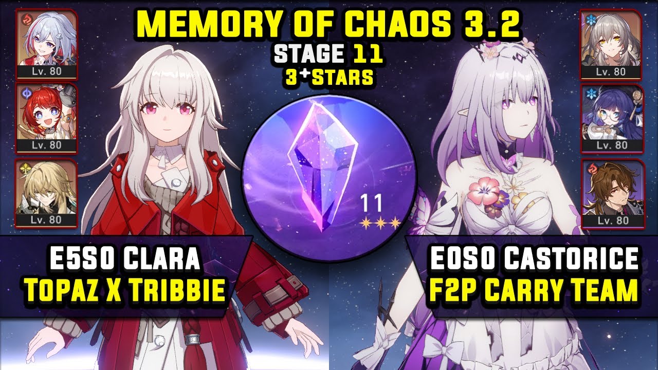 E5 Clara Carry W/ Topaz & E0 Castorice F2P Carry (3 Stars) Memory Of Chaos 11 Honkai Star Rail 3.2