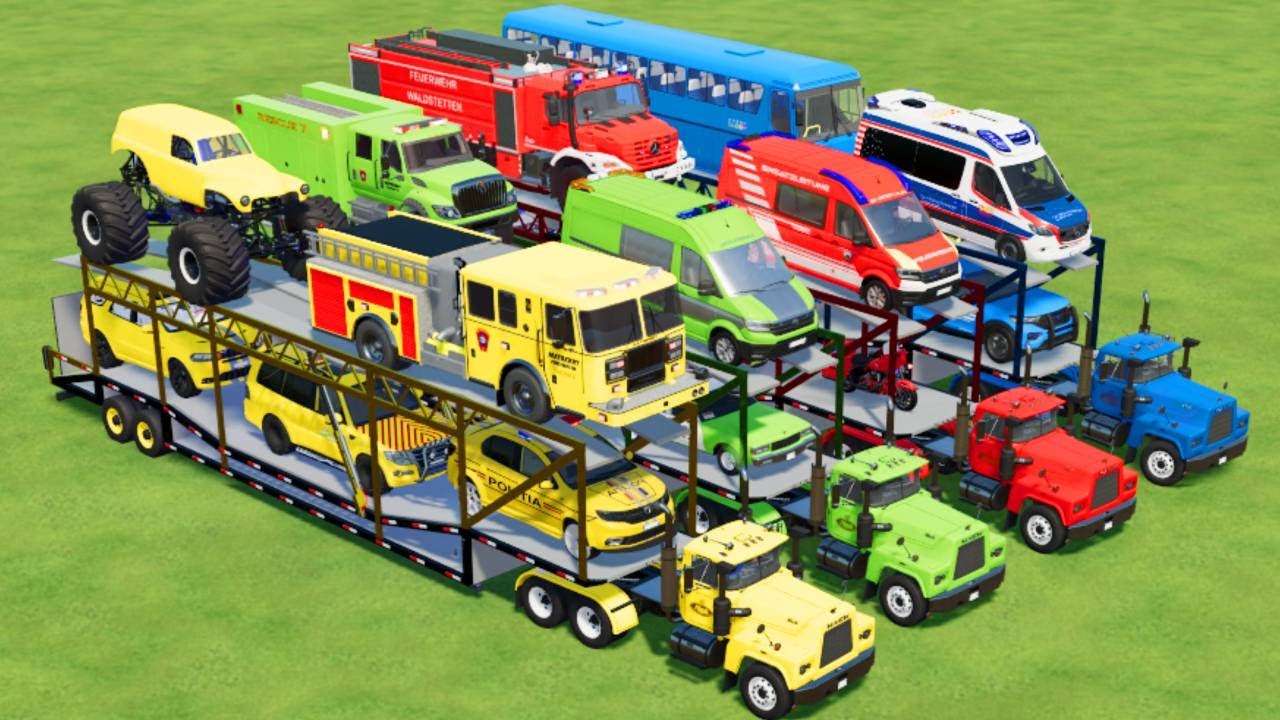 TRANSPORTING ALL POLICE CARS, AMBULANCE, FIRE & MONSTER TRUCK, BUS, COLORFUL CARS WITH TRUCK! - FS22