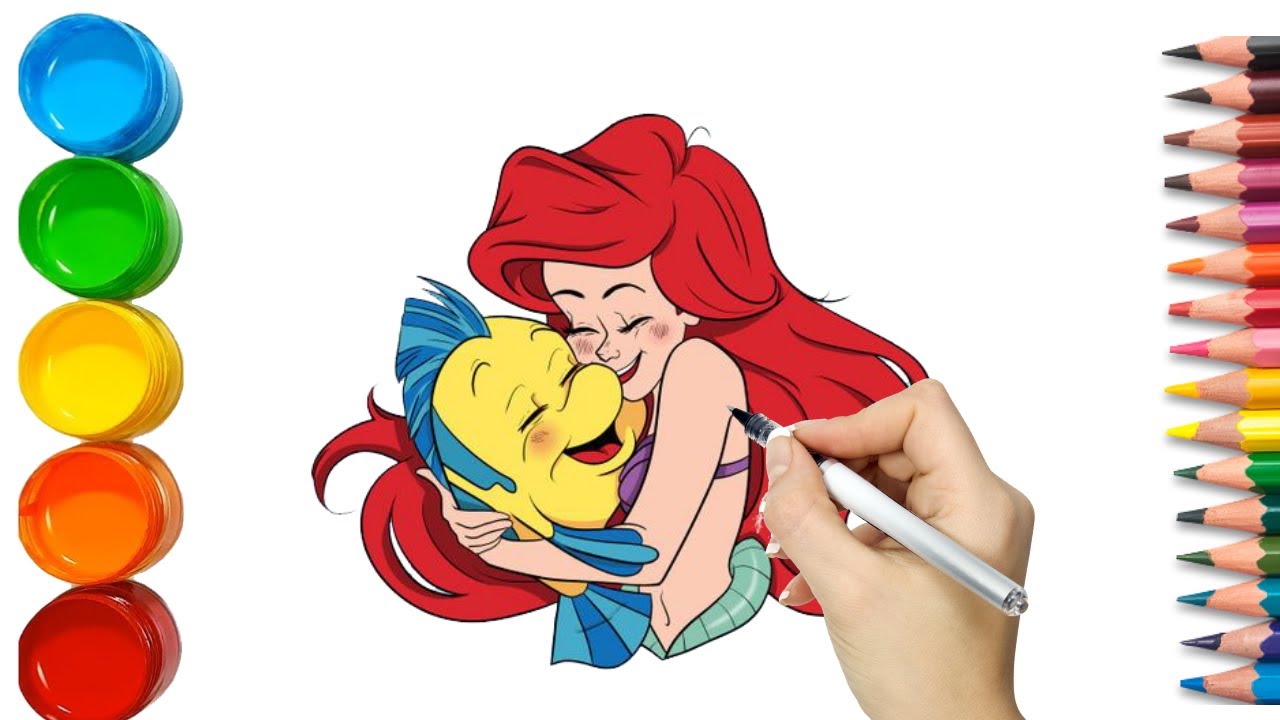 How to draw Mermaid Ariel and flounder | The Little Mermaid