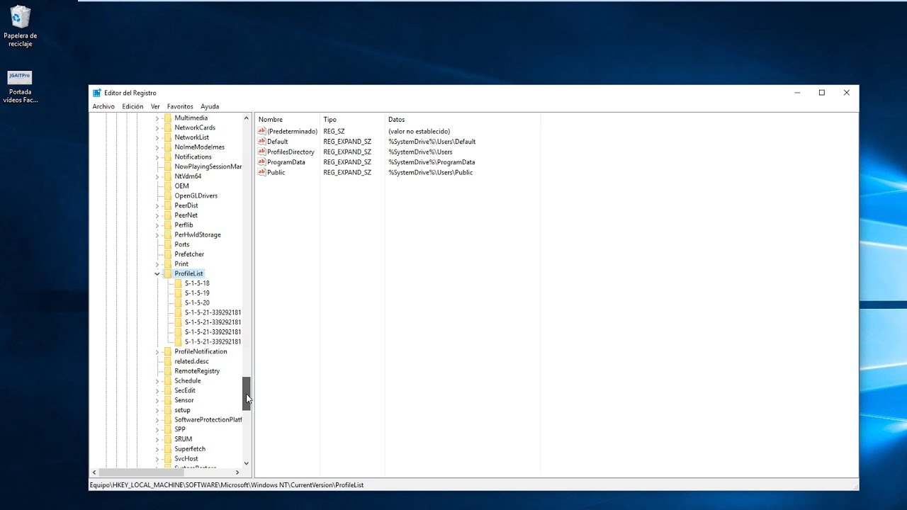 Eliminar perfil de usuario dañado en el registro de Windows 10