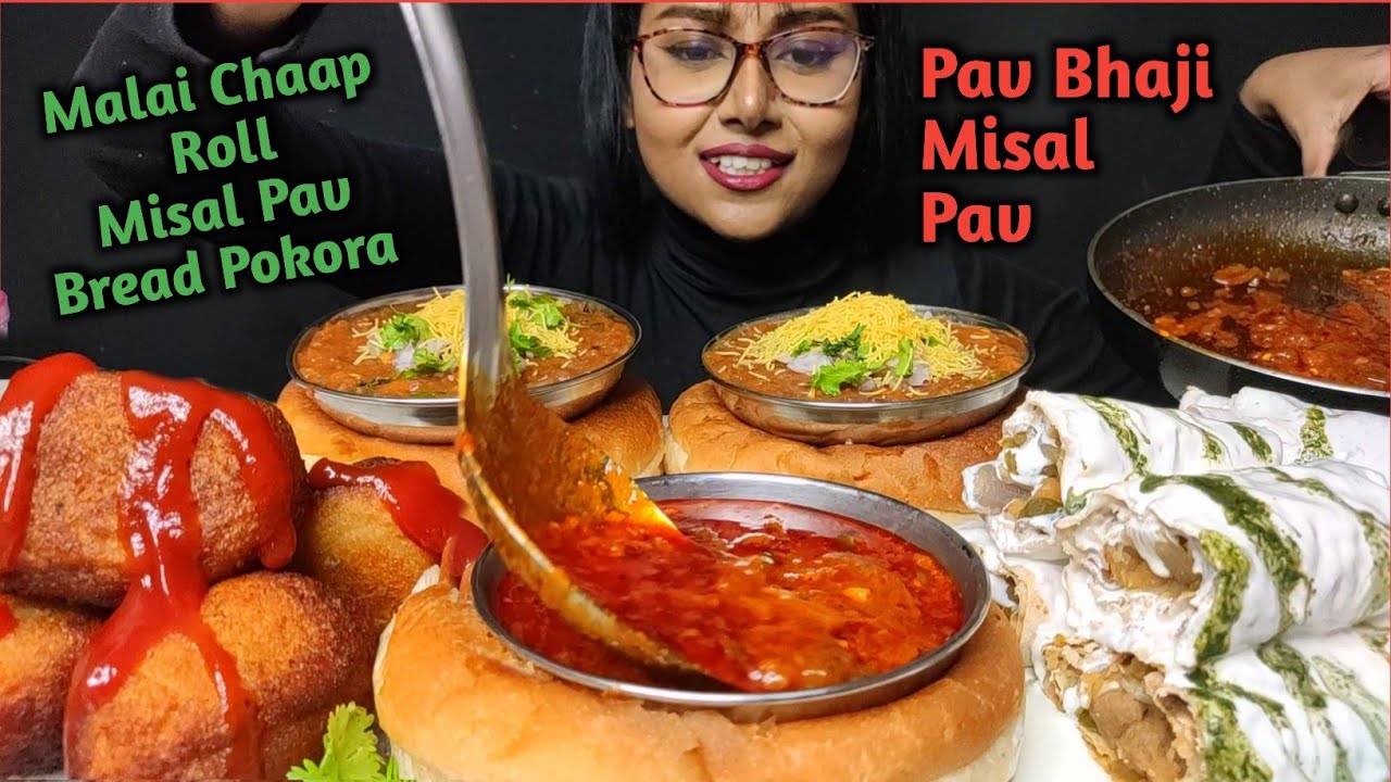 Eating Malai Chap Roll, Pav bhaji, Mishal Pav, Bread Pakoda | Big Bites | Asmr Eating | Mukbang