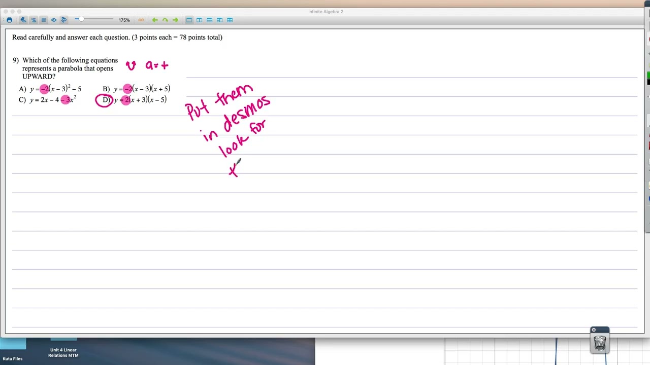Quadratic Function Review Test 7B