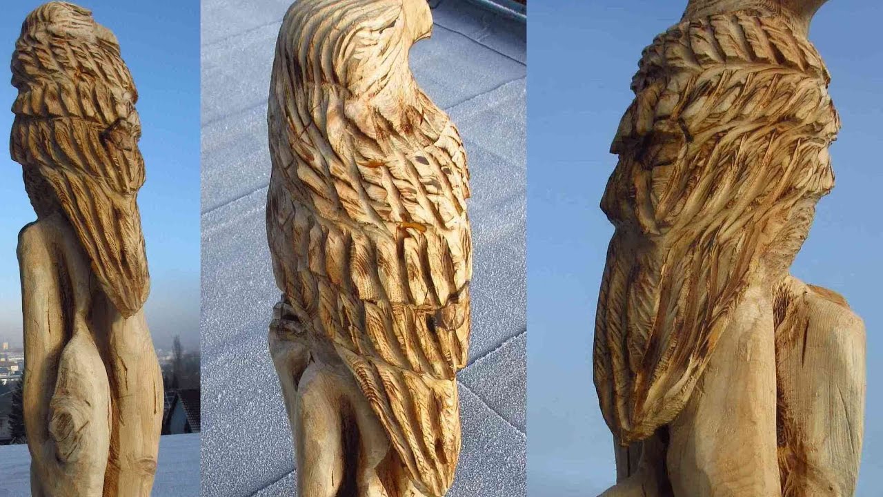 Larscarving-Holzadler mit der Motorsäge schnitzen- chainsaw carving wood eagle