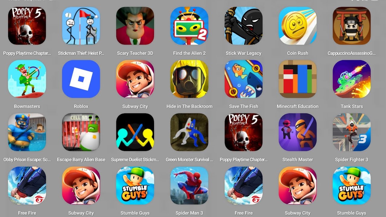 Roblox, Poppy Playtime 5, Alien Barry Base, The Amazing Spider Man 2, Stumble Guys, Run From Grandpa
