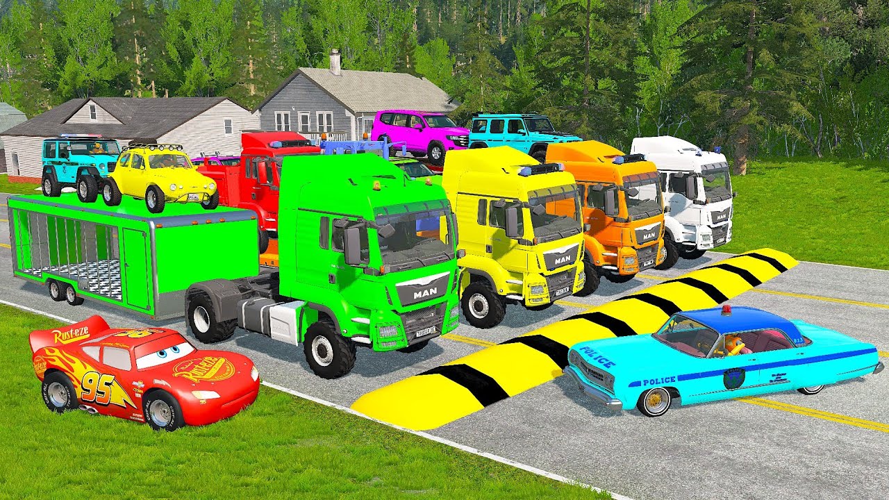 Flatbed Truck McQueen | Transportation with Truck - Pothole vs Car #16 | BeamNG.Drive Gameplay