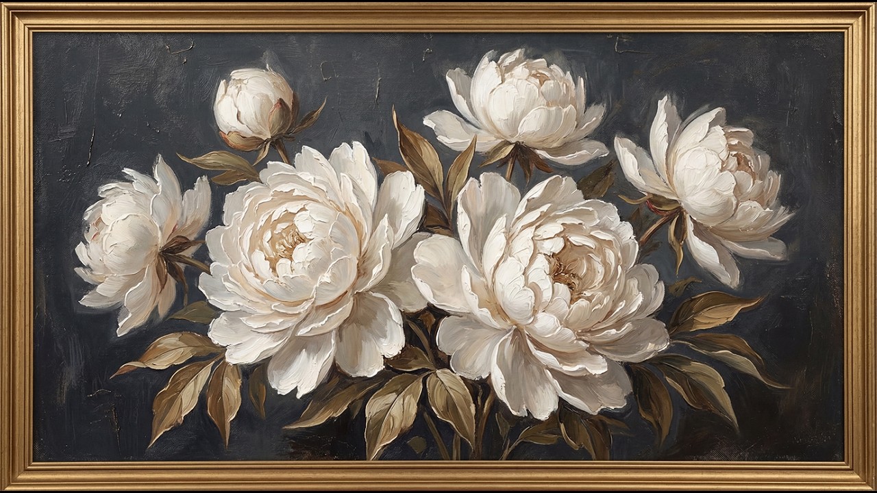 White Peonies TV Art Screensaver | Vintage Gold Frame Floral Painting | 2 Hours