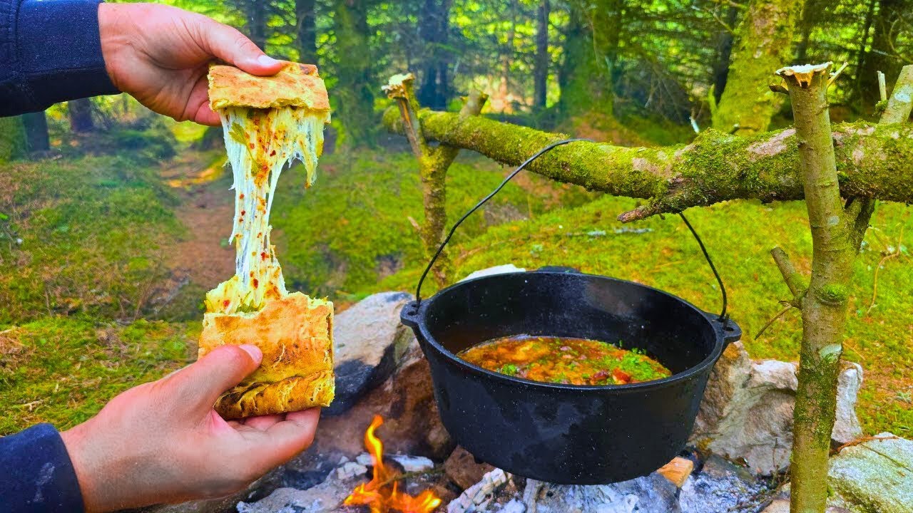 Primitive Chicken Stew with Stone-Baked Bread in the Forest | ASMR Cooking in Nature