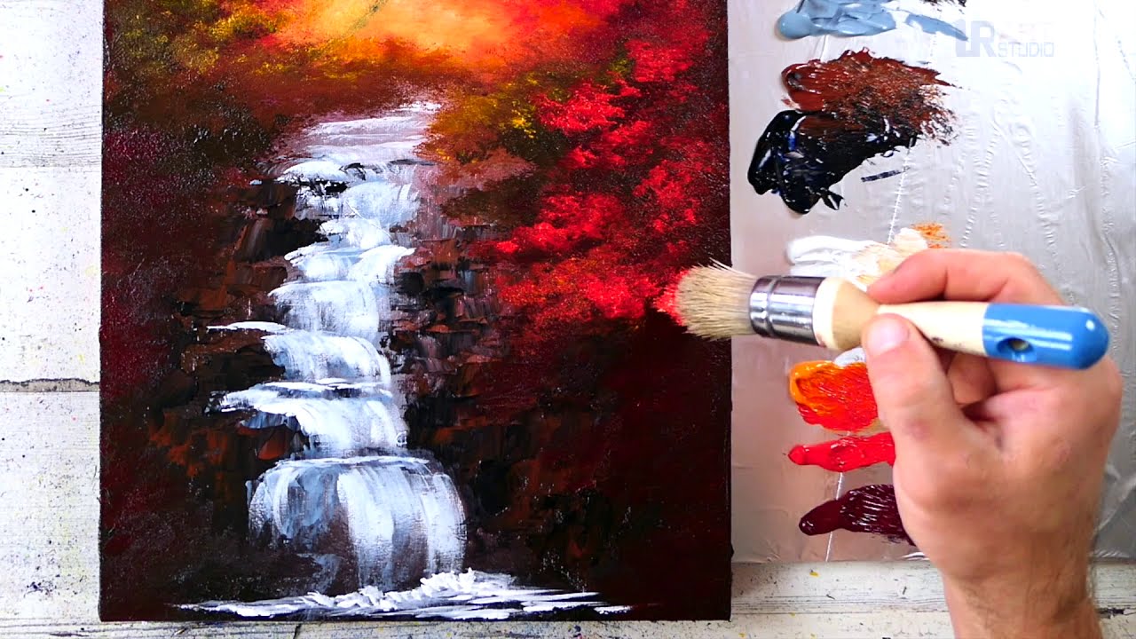 How to paint autumn waterfall | Landscape Art | Oval Brush | Acrylics