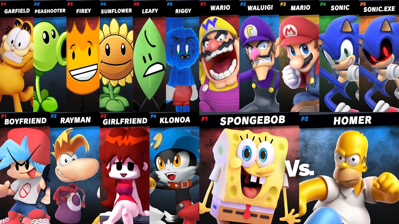 Sonic vs Mario vs Wario vs Waluigi | Friday Night Funkin' vs Rayman | Super Smash Bros
