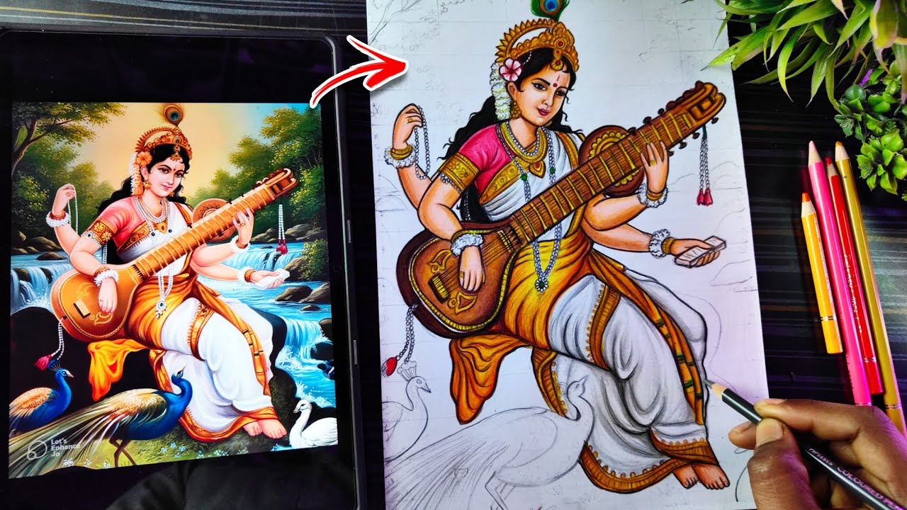 Saraswati Maa Drawing Colour, How To Draw Saraswati Mata, Saraswati Thakur Drawing, Basant Panchami