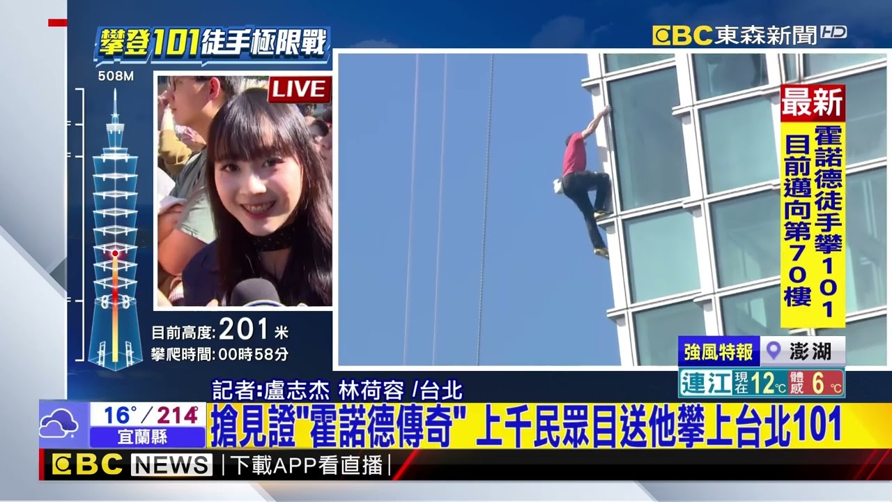 最新》搶見證「霍諾德傳奇」 上千民眾目送他攀上台北101@newsebc