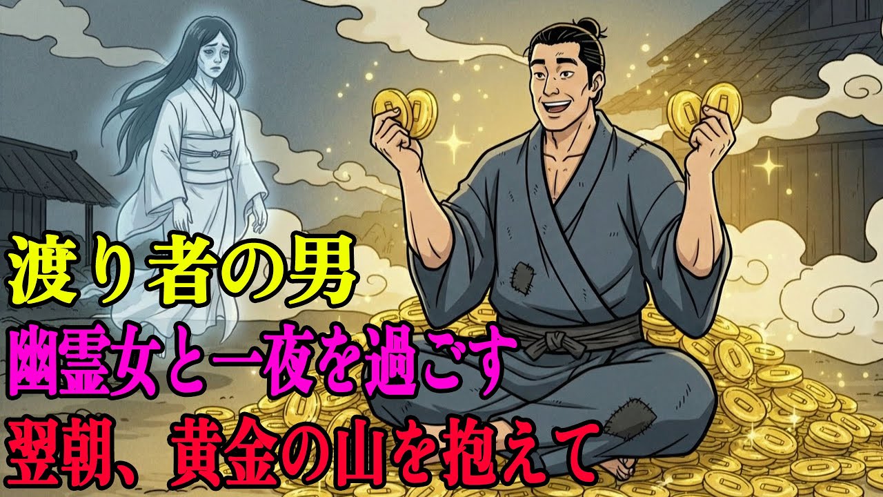 渡り者の男が幽霊女と一晩を過ごし、翌朝は黄金の山を抱えて戻ってきた | 野談 | 伝説 | 昔話 | 説話 | 民話