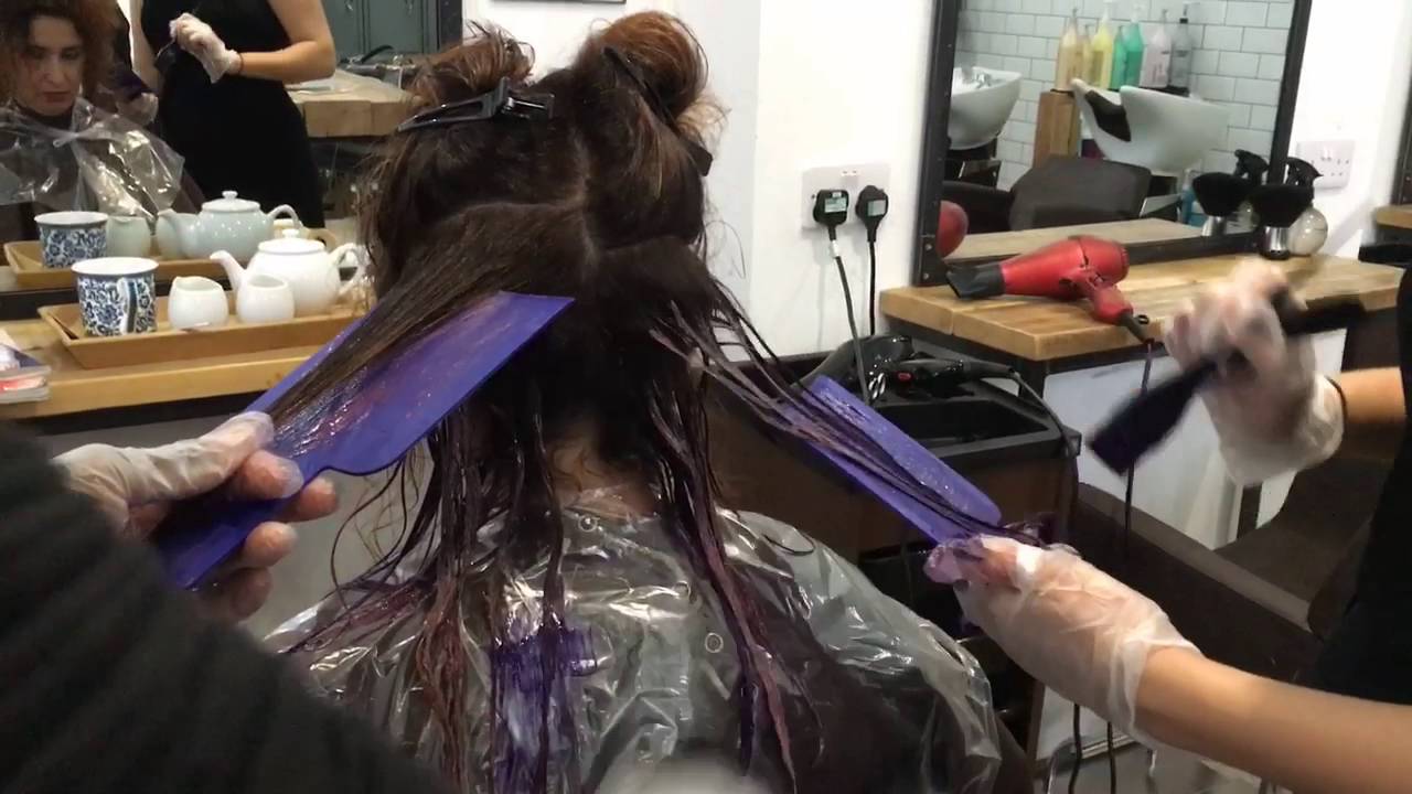 Balayage Ombre On Natural Dark Black Hair Purple colour hair painting Melt at Pure Synergie London