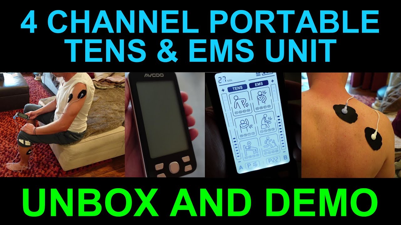 AVCOO 4 Channel TENS EMS Unit Rechargeable Portable 24 Programs Unboxing Demo Review