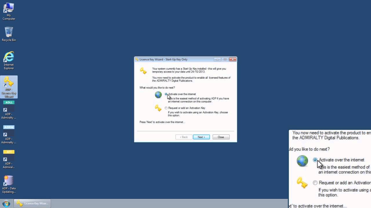 Requesting an Activation key over the Internet in ADMIRALTY Digital Publications (ADP)