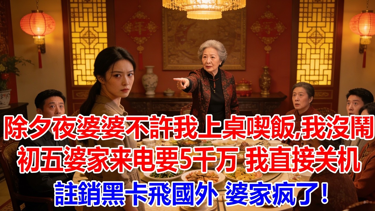 除夕夜婆婆不許我上桌喫飯，初五婆家來電要5千萬，我直接關機註銷黑卡飛國外，婆家瘋了！#励志故事 #动人故事 #心灵鸡汤 #情感短篇 #深夜情感 #温馨故事 #悲伤故事 #感动故事