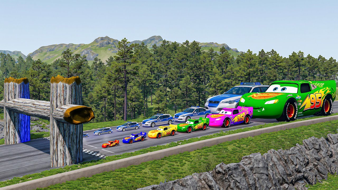 Big & Small Lightning McQueen & Police Car Vs Log Trap Downhill Race - BeamNG.drive
