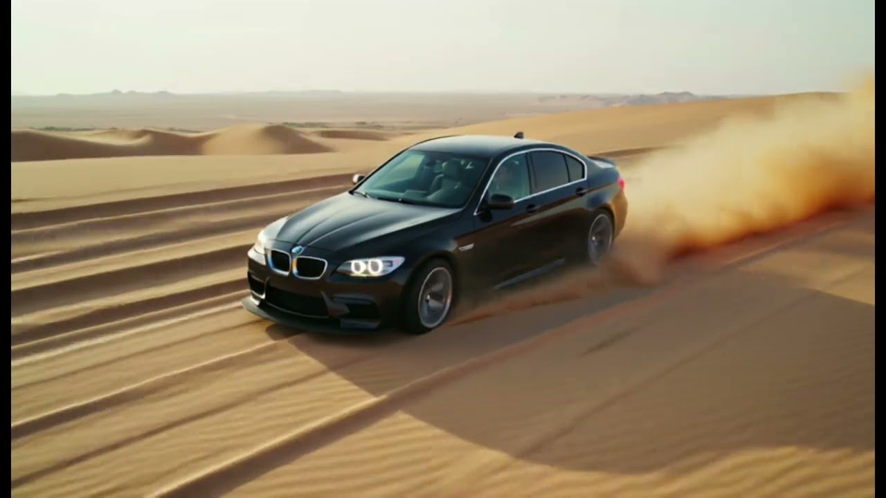 Black BMW Desert  - A high-speed cinematic shot of  BMW racing across a  desert landscape.