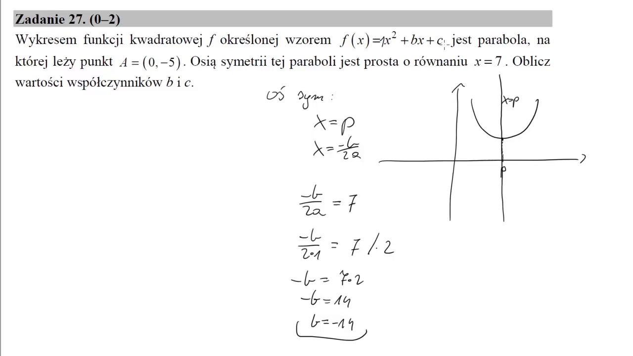 27 Wykresem funkcji kwadratowej f określonej wzorem fx=x2+bx+c jest parabola, na kt&oacute;rej leży punkt A