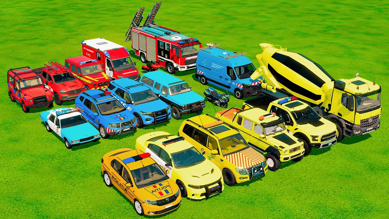 TRANSPORTING POLICE CARS, AMBULANCE, FIRE TRUCK, COLORFUL CARS WITH TRUCK -FARMING SIMULATOR 22!