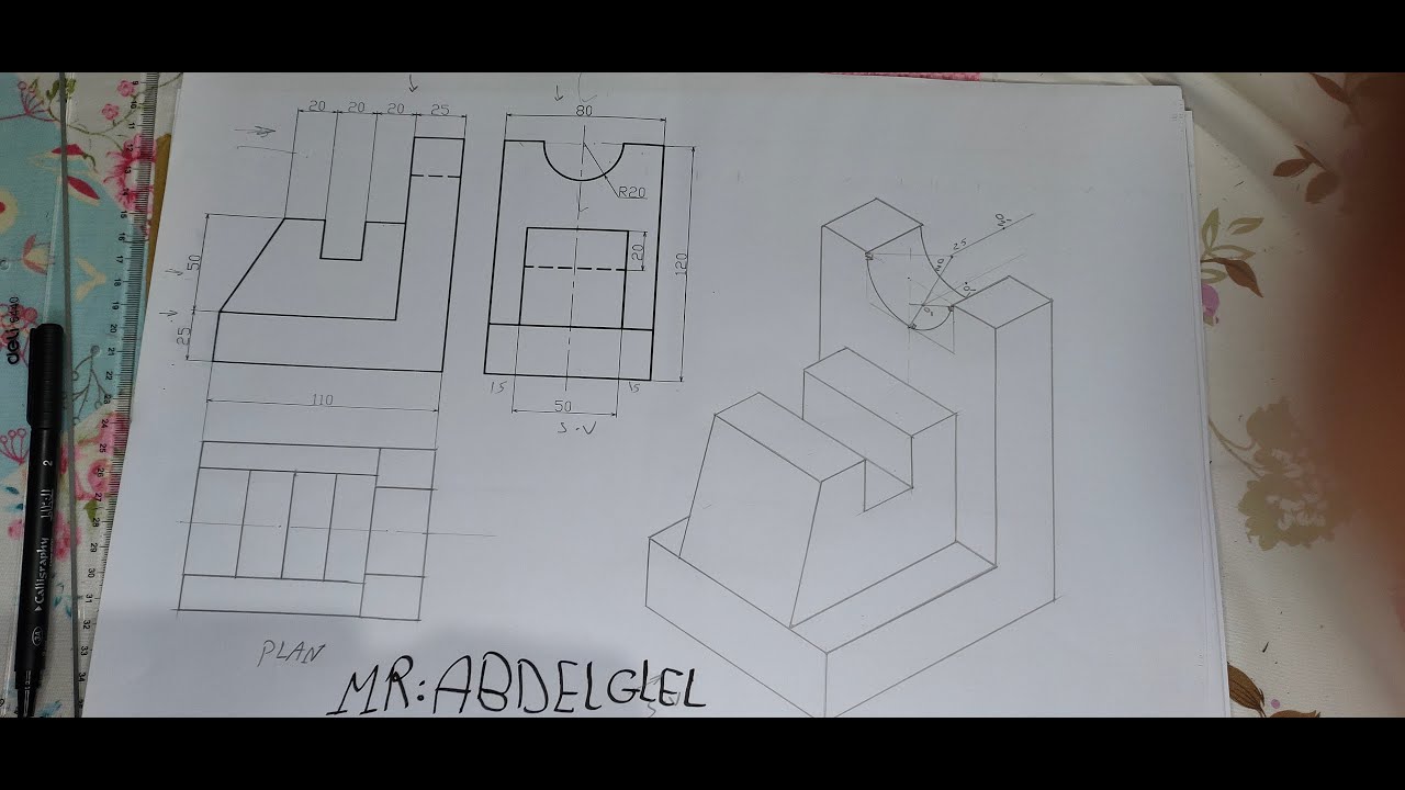 طريقة رسم الأيزومترى من مسقطين بالتفصيل