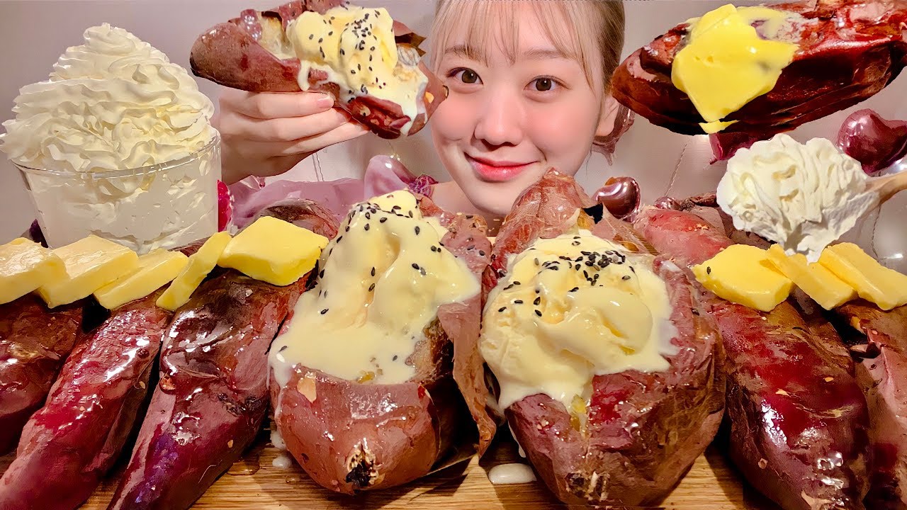 ASMR Запеченный сладкий картофель с маслом и мороженым【русские субтитры】【Mukbang/ Eating Sounds】