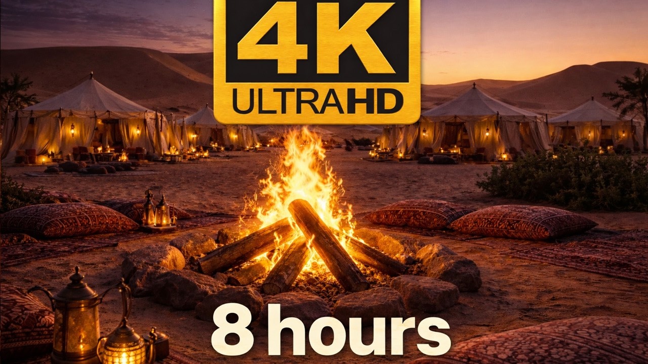 Desert Campfire Ambience 🔥 4K Fireplace in the Desert Camp | Relaxing Campfire Sounds | 8 Hours