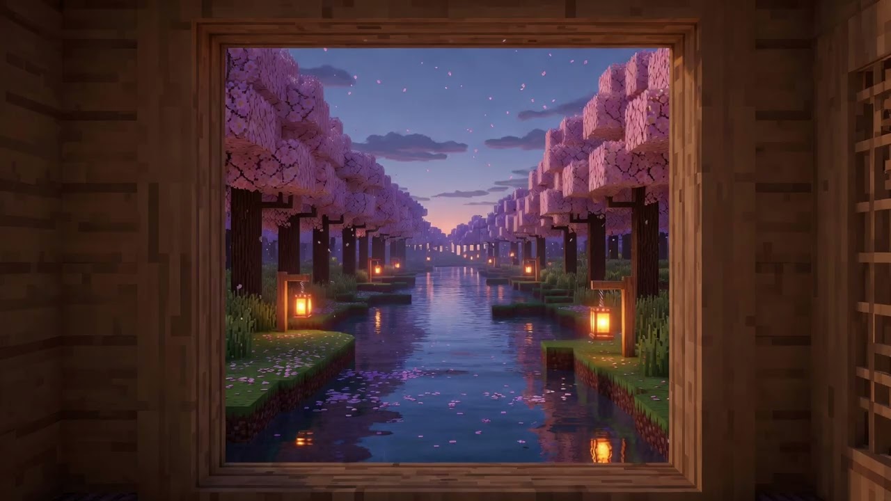 Minecraft Spring Window Nook | Cherry Blossom Ambience | Soft Stream Flow & Nature Sounds🌸🍃