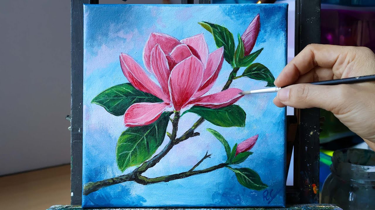 🌸 Magnolia Flower Acrylic Painting | Beautiful Floral Art on Canvas
