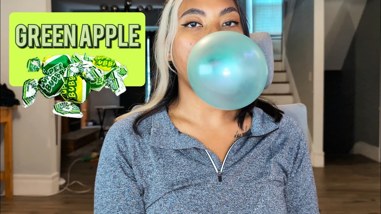 ASMR Chewing Green Apple Super Bubble Gum , Six Pieces , Satisfying Mouth Sounds For Relaxation